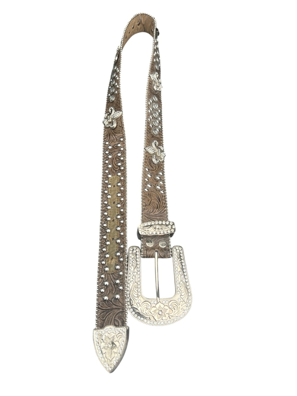 Blazin Rocco Embellished Brown Western Leather Belt with Silver Buckle
